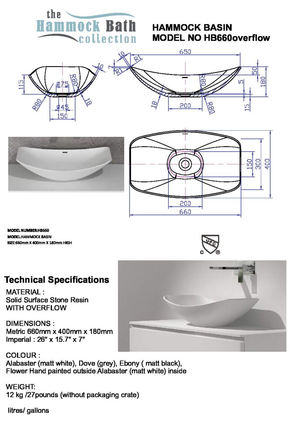 Hammock Basin HB660overflow spec sheet pdf