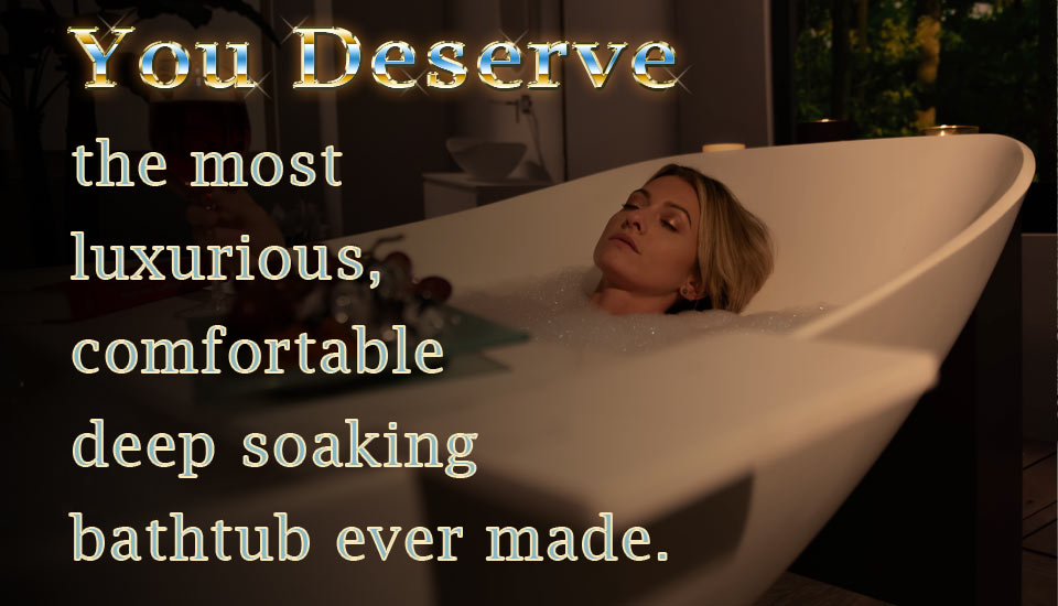Woman relaxing in a luxury deep soaking freestanding hammock bathtub with a glass of wine