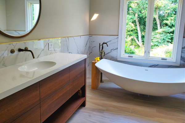 Oasis Hammock Bath installation in New Jersey with timber supports and natural light from a large window.